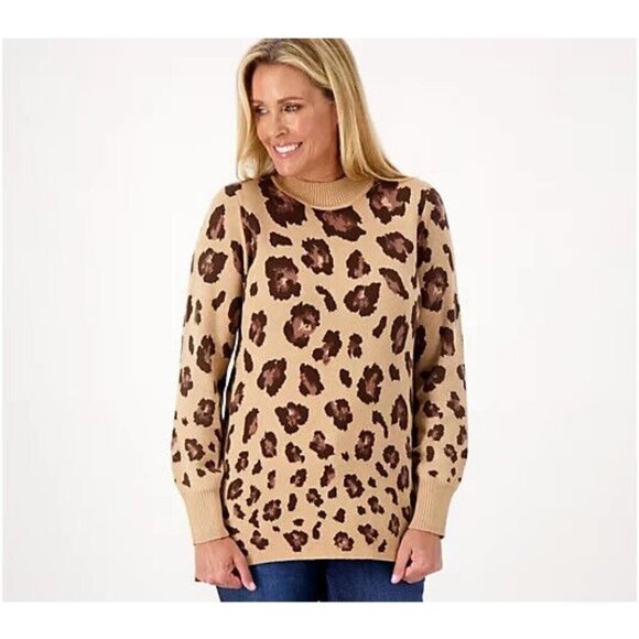 Isaac Mizrahi Live! Jacquard Mock Neck Pullover Sweater Leopard,Small - Picture 1 of 1